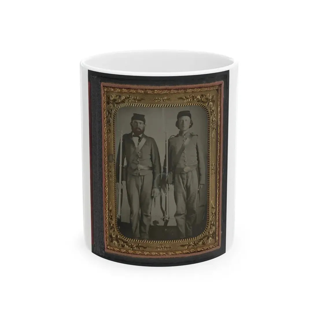 Two Unidentified Soldiers In Union Uniforms And Ohio Volunteer Belt Buckles With Bayoneted Muskets (U.S. Civil War) White Coffee Mug 11oz - Go Mug Yourself