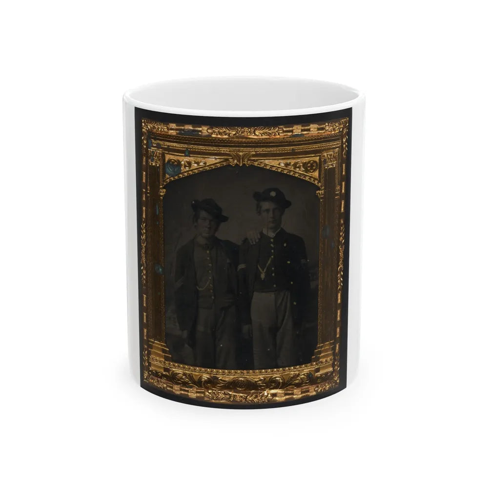 Two Unidentified Soldiers In Union Uniforms And Slouch Hats In Front Of Painted Backdrop (U.S. Civil War) White Coffee Mug-11oz-Go Mug Yourself