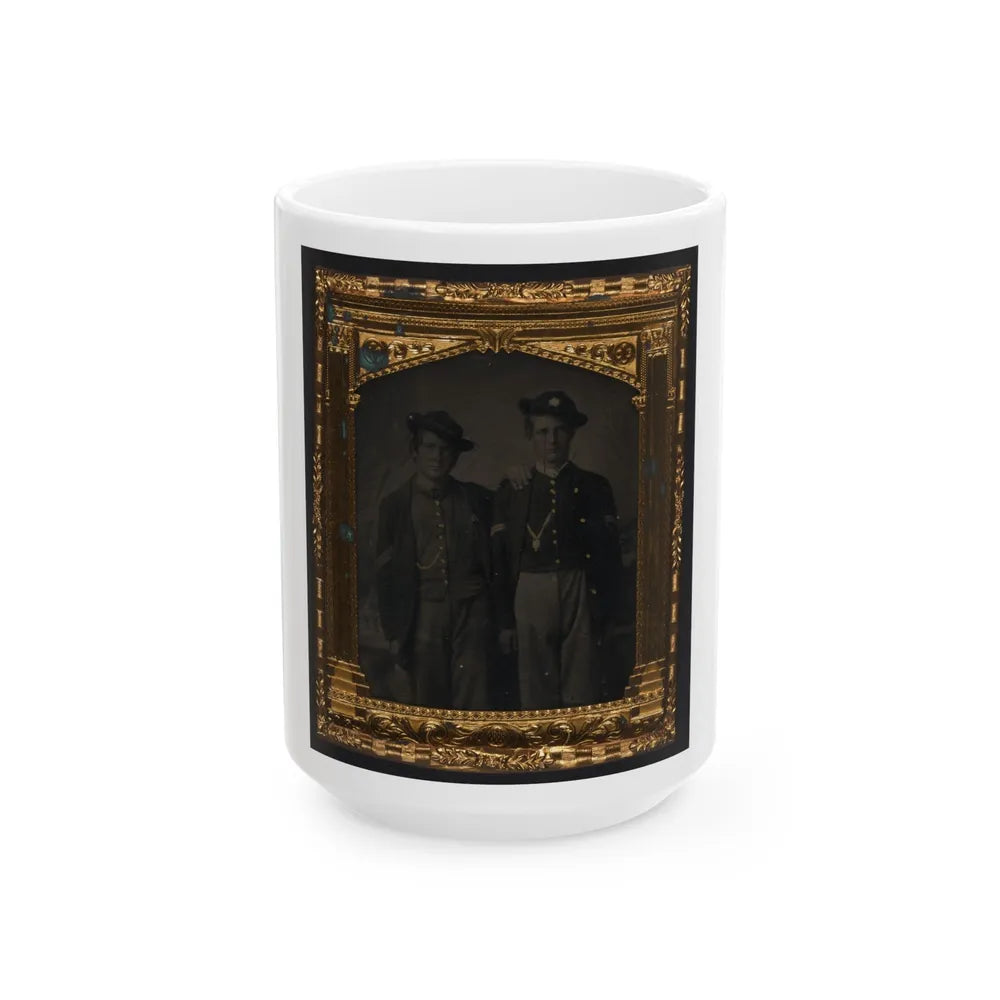 Two Unidentified Soldiers In Union Uniforms And Slouch Hats In Front Of Painted Backdrop (U.S. Civil War) White Coffee Mug-15oz-Go Mug Yourself