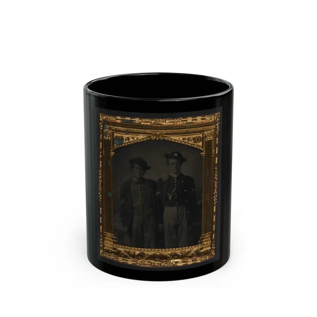 Two Unidentified Soldiers In Union Uniforms And Slouch Hats In Front Of Painted Backdrop (U.S. Civil War) Black Coffee Mug 11oz - Go Mug Yourself