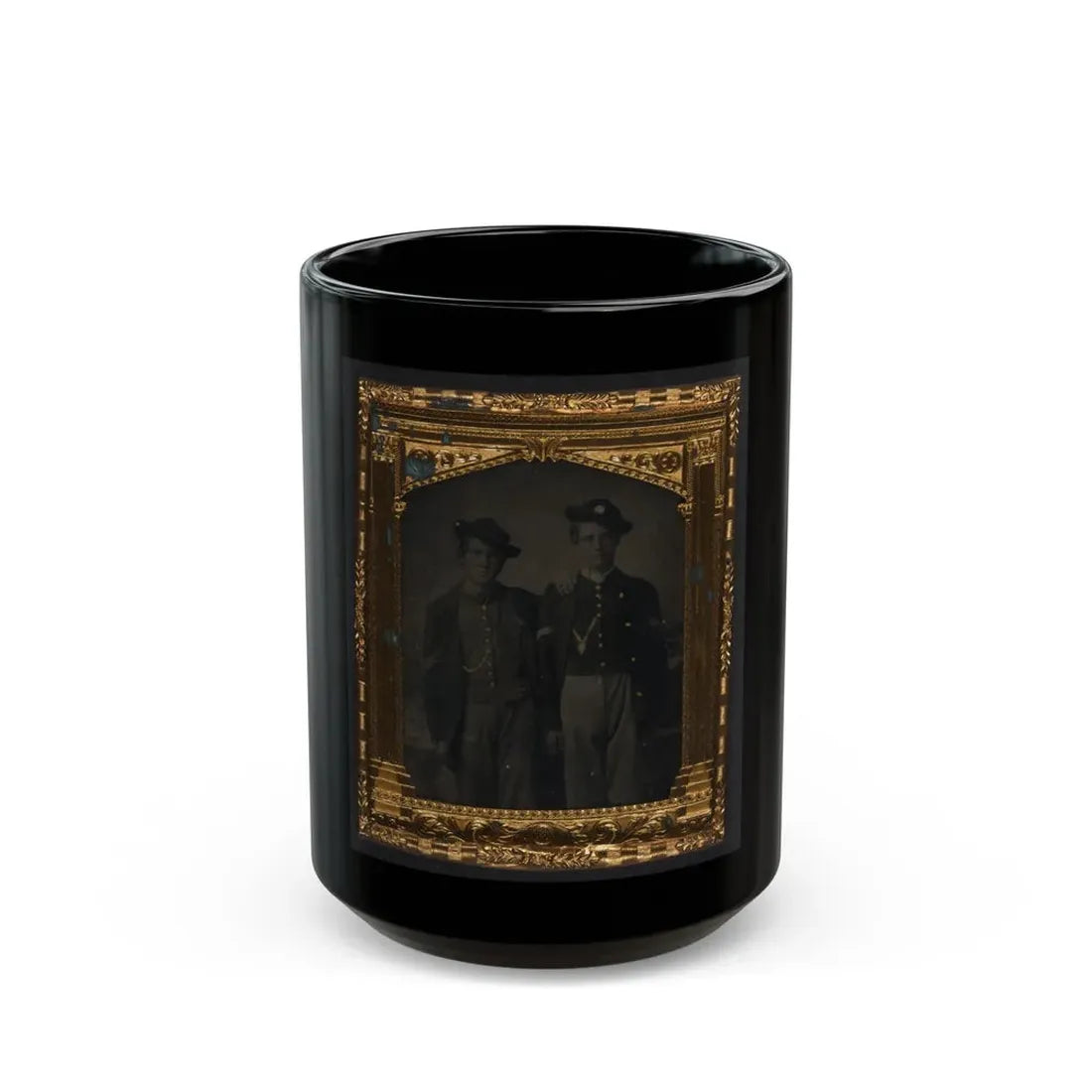 Two Unidentified Soldiers In Union Uniforms And Slouch Hats In Front Of Painted Backdrop (U.S. Civil War) Black Coffee Mug 15oz - Go Mug Yourself