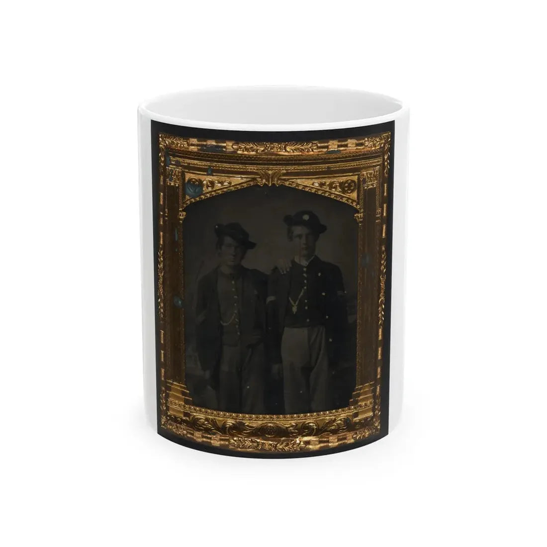 Two Unidentified Soldiers In Union Uniforms And Slouch Hats In Front Of Painted Backdrop (U.S. Civil War) White Coffee Mug 11oz - Go Mug Yourself