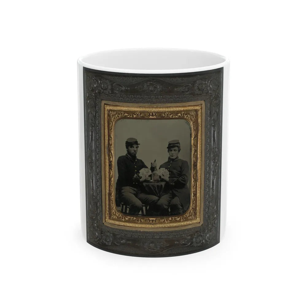 Two Unidentified Soldiers In Union Uniforms Drinking Whiskey And Playing Cards (U.S. Civil War) White Coffee Mug-11oz-Go Mug Yourself