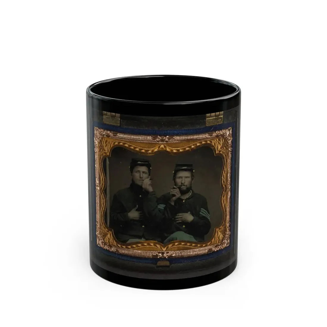 Two Unidentified Soldiers In Union Uniforms Holding Cigars In Each Others' Mouths (U.S. Civil War) Black Coffee Mug 11oz - Go Mug Yourself