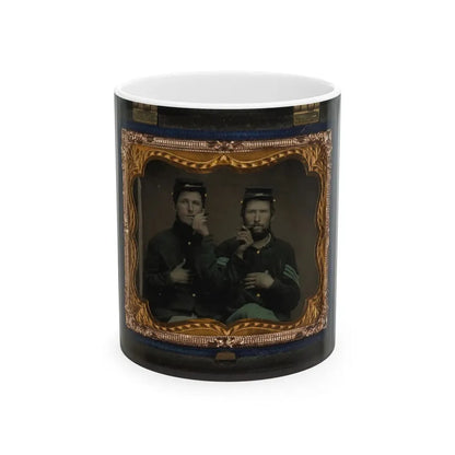 Two Unidentified Soldiers In Union Uniforms Holding Cigars In Each Others' Mouths (U.S. Civil War) White Coffee Mug 11oz - Go Mug Yourself