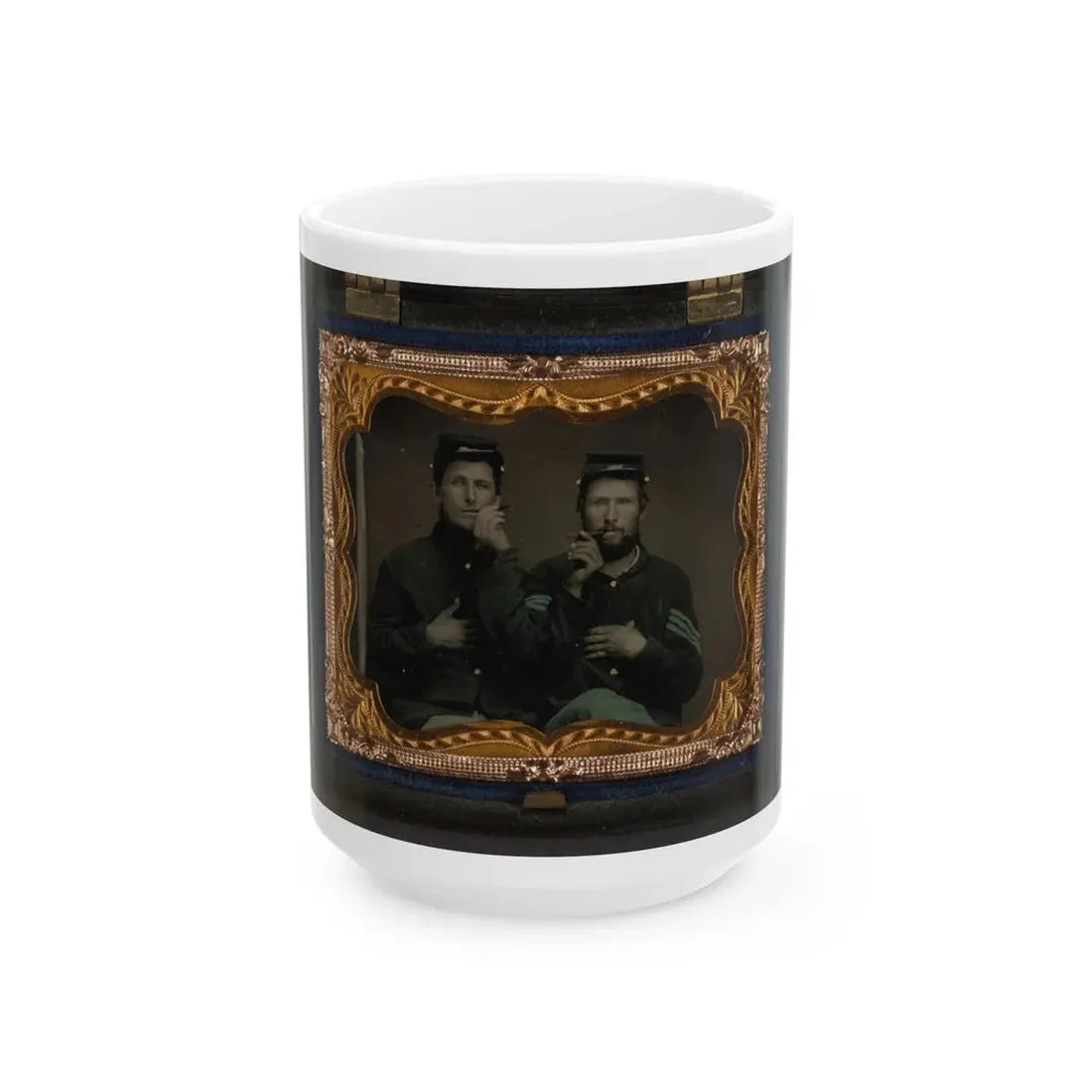 Two Unidentified Soldiers In Union Uniforms Holding Cigars In Each Others' Mouths (U.S. Civil War) White Coffee Mug 15oz - Go Mug Yourself