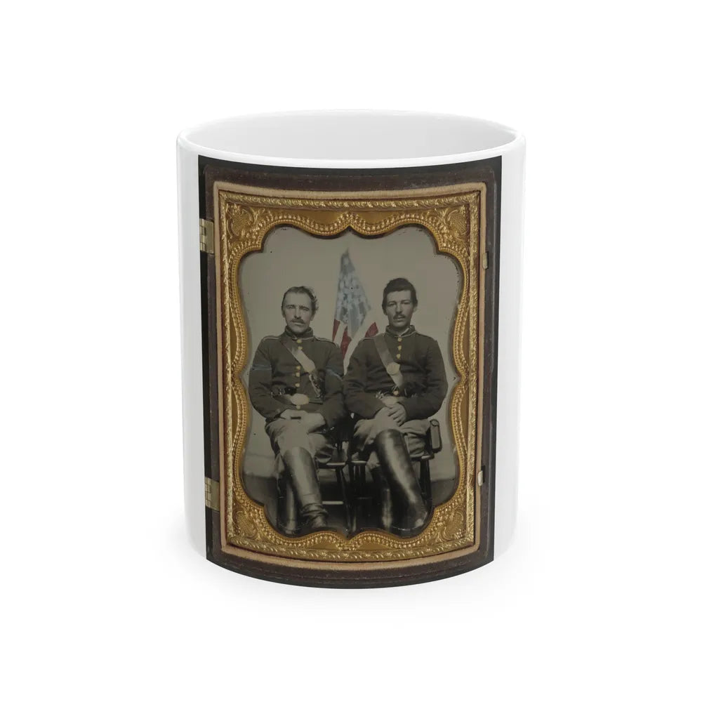 Two Unidentified Soldiers In Union Uniforms In Front Of American Flag (U.S. Civil War) White Coffee Mug-11oz-Go Mug Yourself