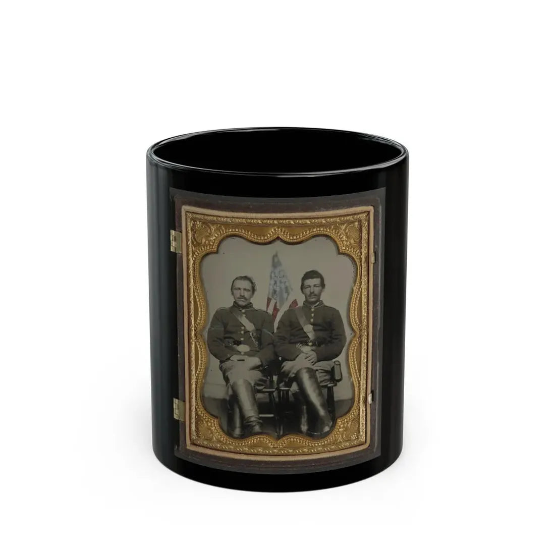 Two Unidentified Soldiers In Union Uniforms In Front Of American Flag (U.S. Civil War) Black Coffee Mug 11oz - Go Mug Yourself