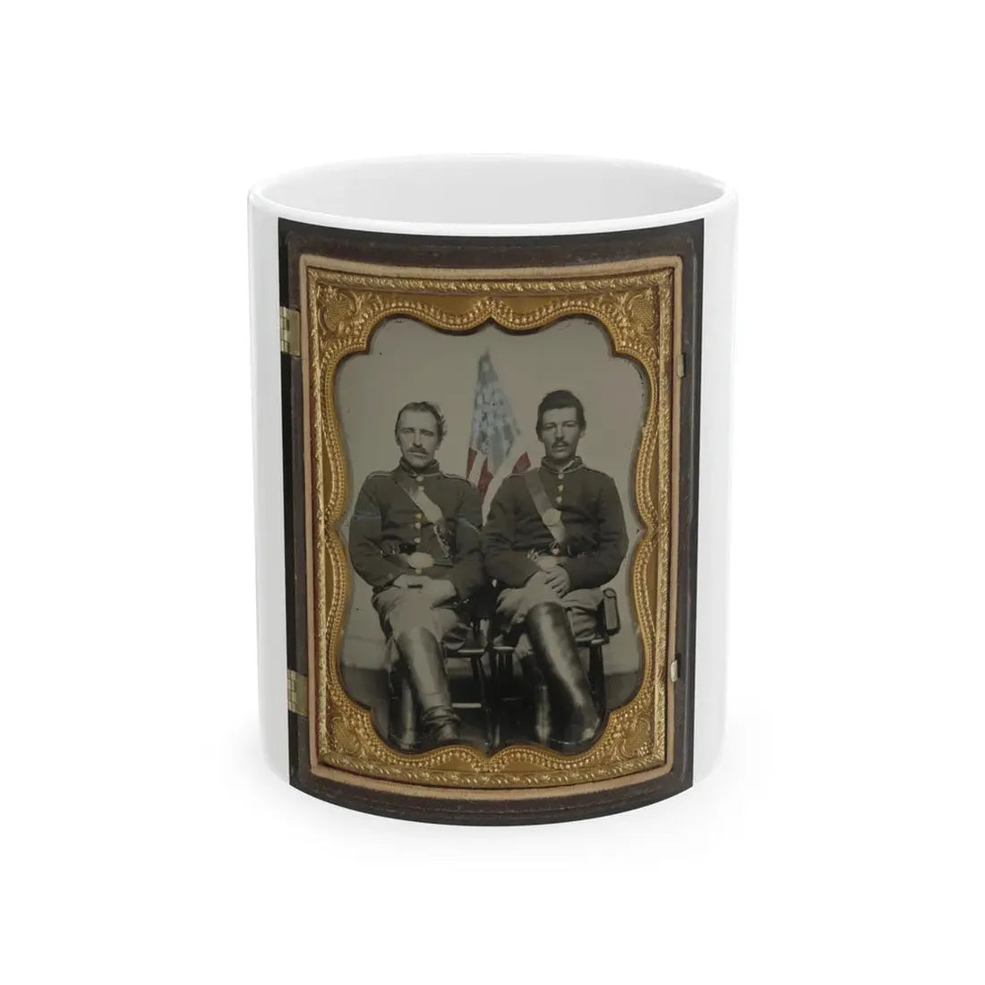 Two Unidentified Soldiers In Union Uniforms In Front Of American Flag (U.S. Civil War) White Coffee Mug 11oz - Go Mug Yourself