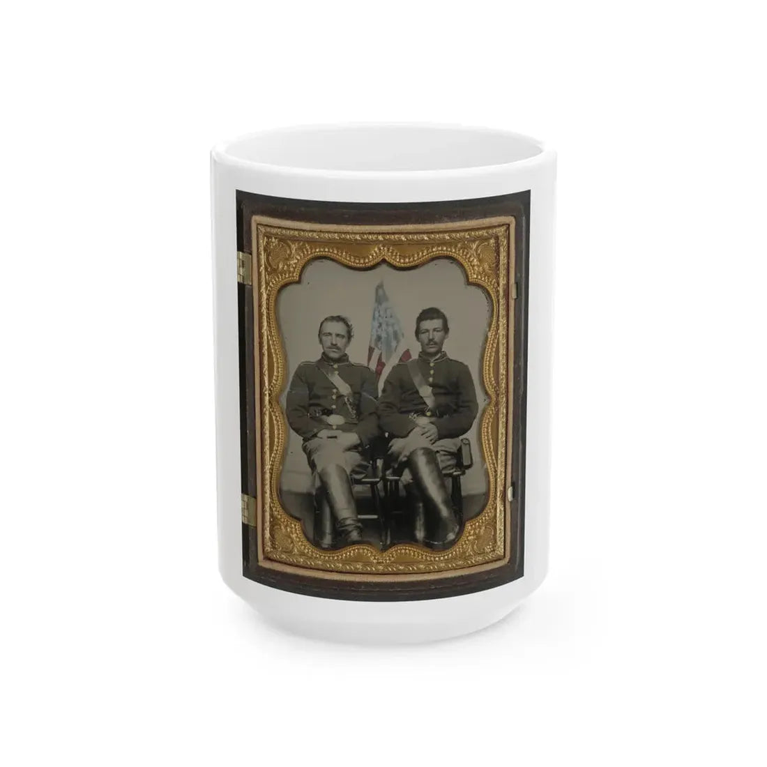 Two Unidentified Soldiers In Union Uniforms In Front Of American Flag (U.S. Civil War) White Coffee Mug 15oz - Go Mug Yourself