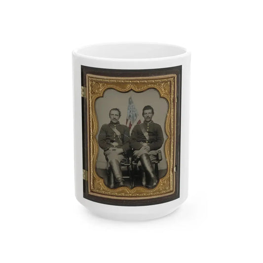 Two Unidentified Soldiers In Union Uniforms In Front Of American Flag (U.S. Civil War) White Coffee Mug 15oz - Go Mug Yourself