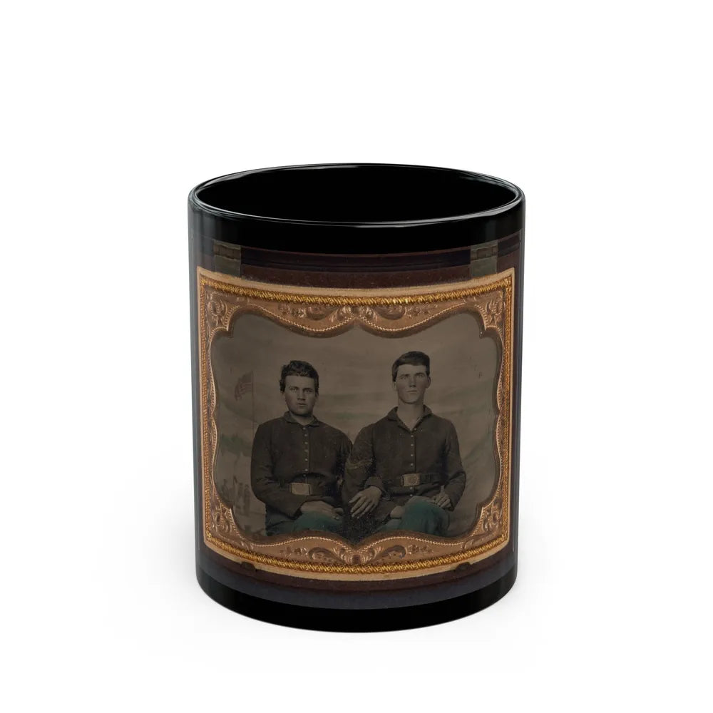 Two Unidentified Soldiers In Union Uniforms In Front Of Painted Backdrop Showing Military Camp Scene (U.S. Civil War) Black Coffee Mug-11oz-Go Mug Yourself