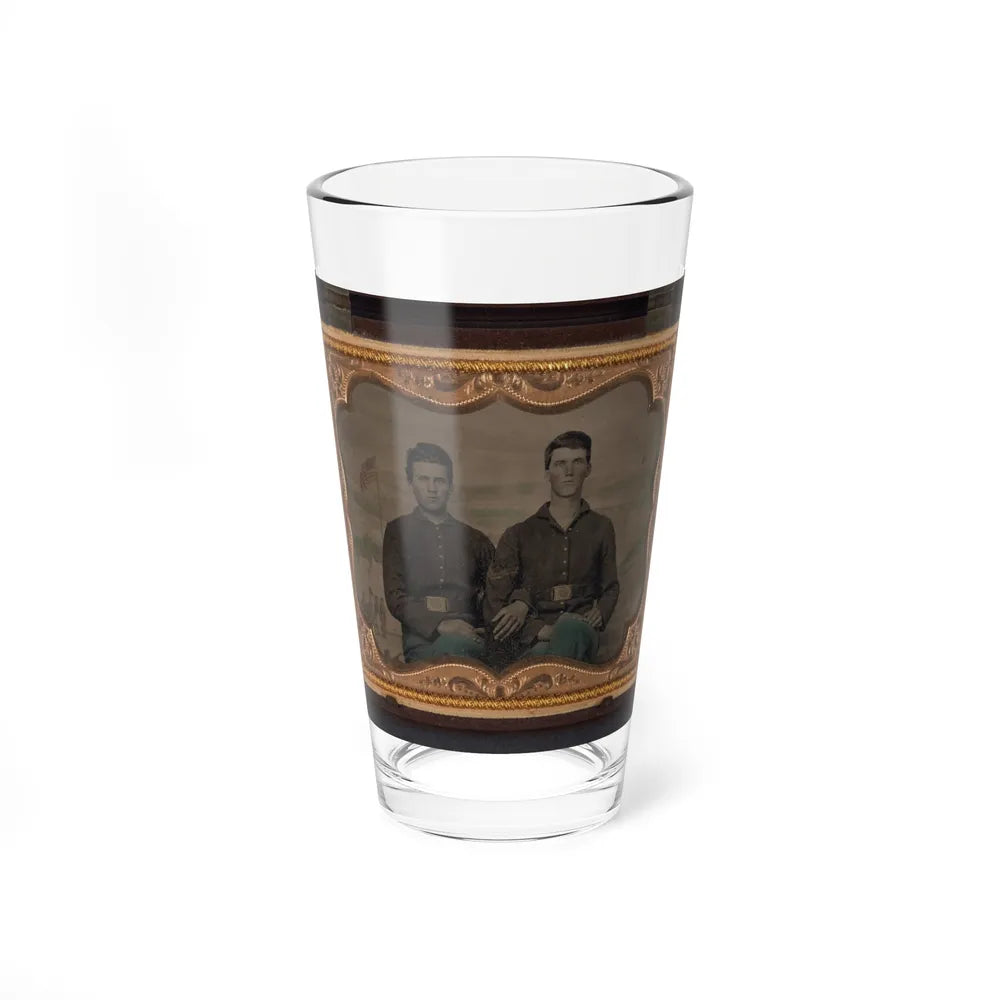 Two Unidentified Soldiers In Union Uniforms In Front Of Painted Backdrop Showing Military Camp Scene (U.S. Civil War) Pint Glass 16oz-16oz-Go Mug Yourself