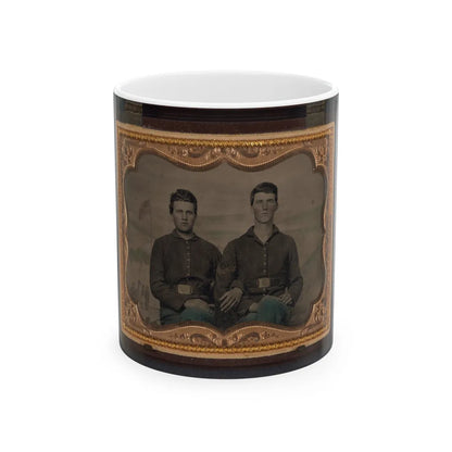 Two Unidentified Soldiers In Union Uniforms In Front Of Painted Backdrop Showing Military Camp Scene (U.S. Civil War) White Coffee Mug-11oz-Go Mug Yourself