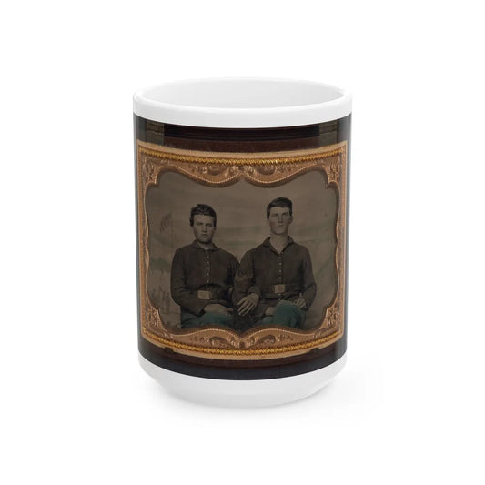 Two Unidentified Soldiers In Union Uniforms In Front Of Painted Backdrop Showing Military Camp Scene (U.S. Civil War) White Coffee Mug-15oz-Go Mug Yourself