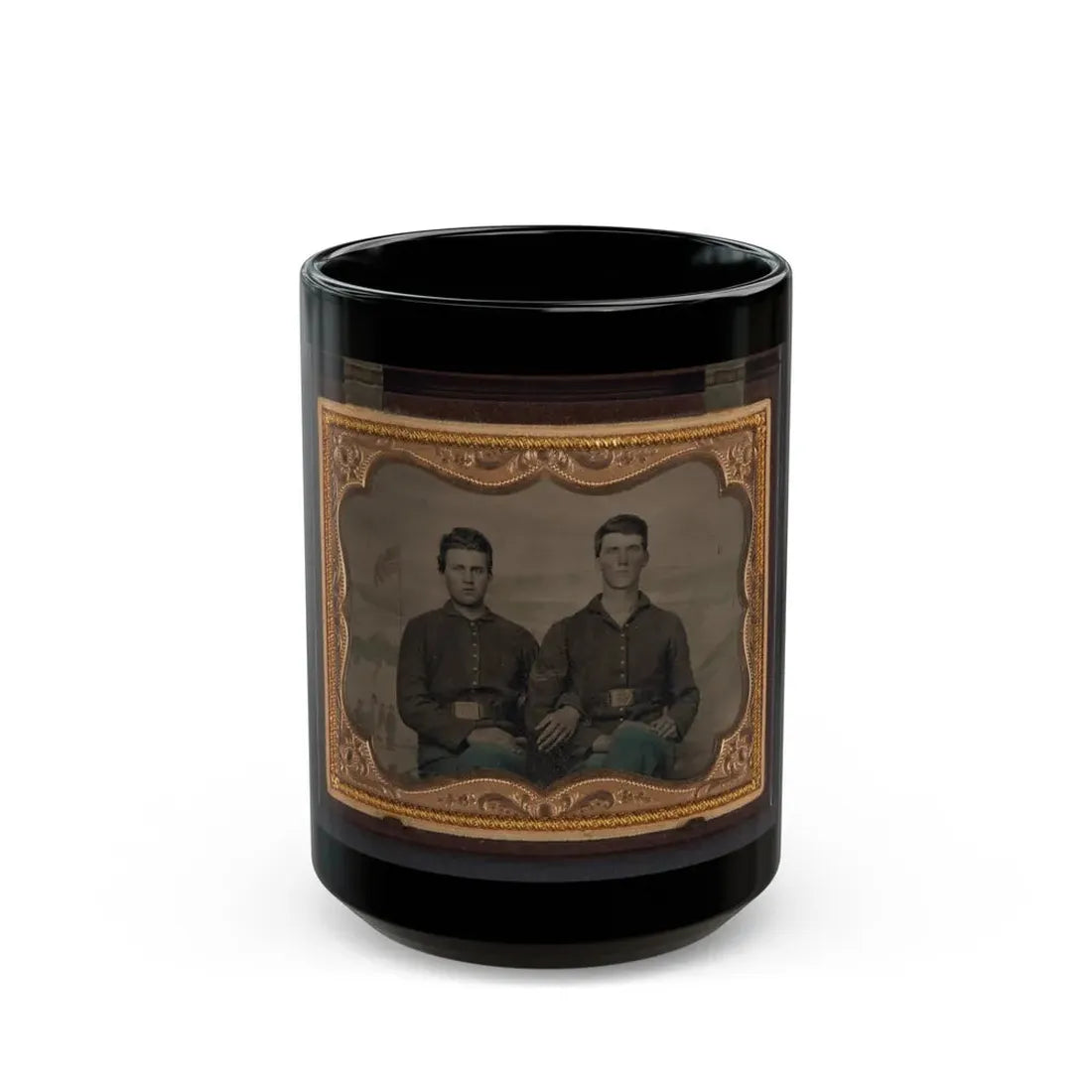 Two Unidentified Soldiers In Union Uniforms In Front Of Painted Backdrop Showing Military Camp Scene (U.S. Civil War) Black Coffee Mug 15oz - Go Mug Yourself