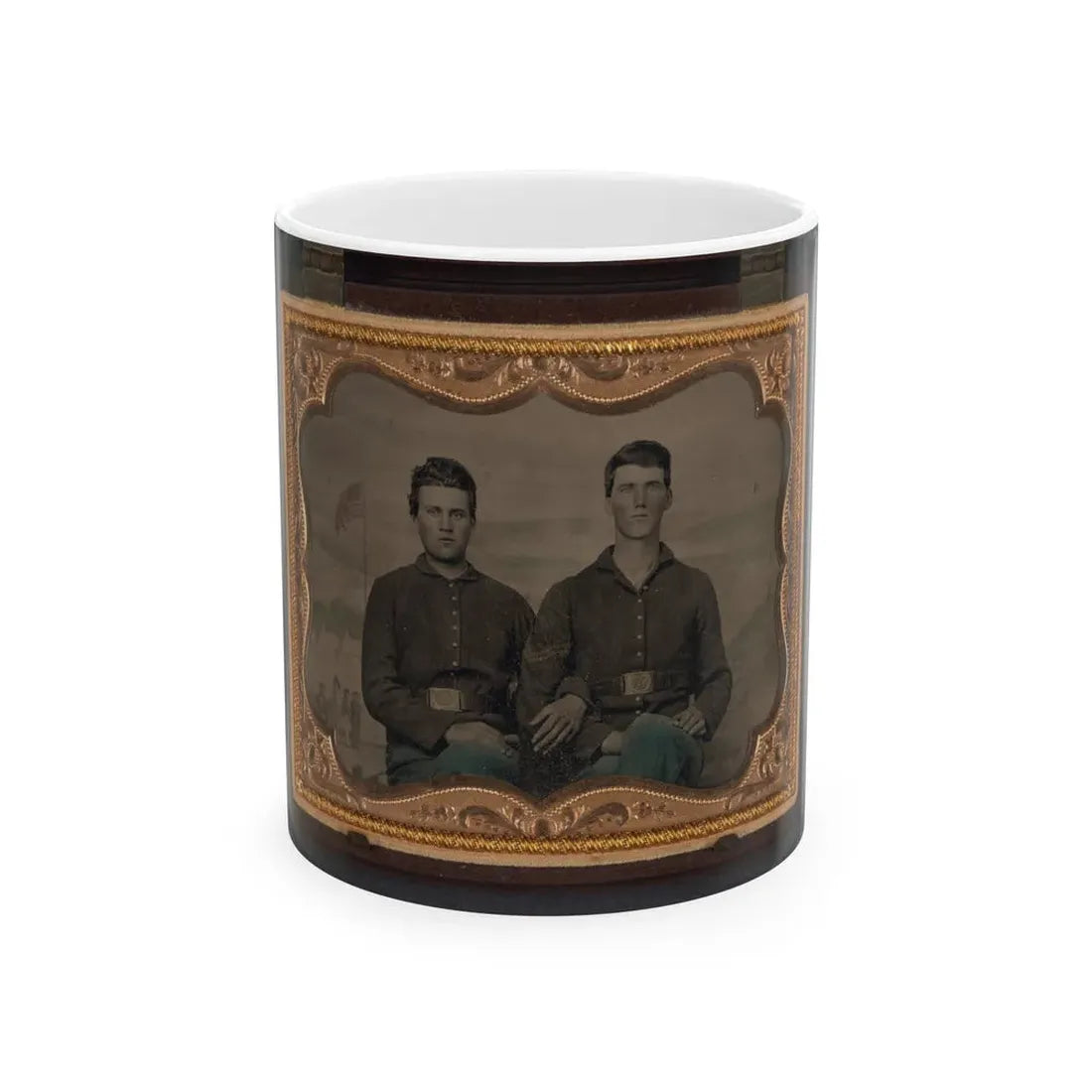 Two Unidentified Soldiers In Union Uniforms In Front Of Painted Backdrop Showing Military Camp Scene (U.S. Civil War) White Coffee Mug 11oz - Go Mug Yourself