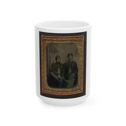 Two Unidentified Soldiers In Union Uniforms In Front Of Painted Backdrop Showing Trees (U.S. Civil War) White Coffee Mug-15oz-Go Mug Yourself