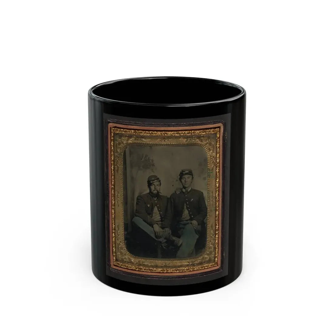 Two Unidentified Soldiers In Union Uniforms In Front Of Painted Backdrop Showing Trees (U.S. Civil War) Black Coffee Mug 11oz - Go Mug Yourself
