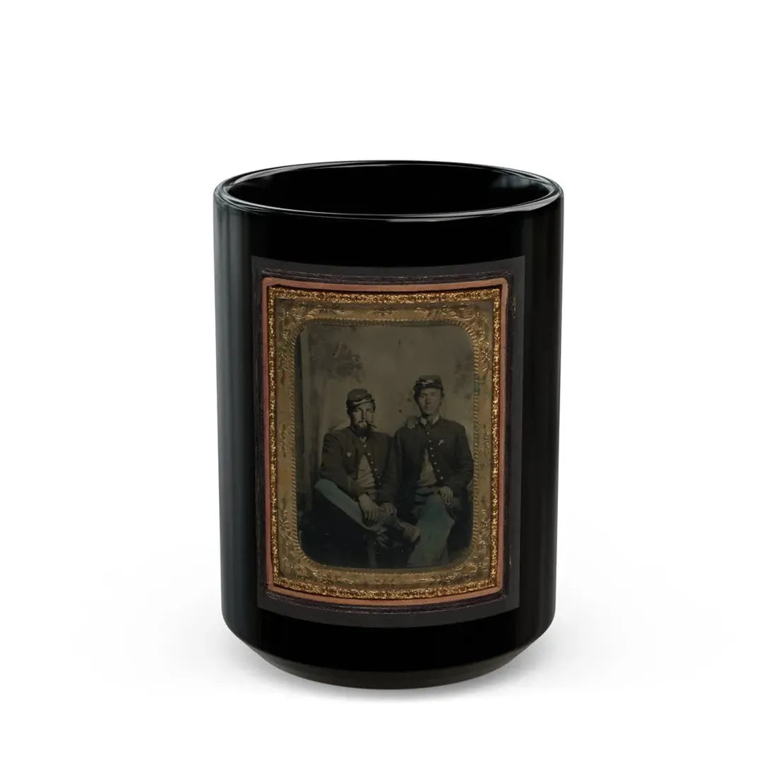 Two Unidentified Soldiers In Union Uniforms In Front Of Painted Backdrop Showing Trees (U.S. Civil War) Black Coffee Mug 15oz - Go Mug Yourself