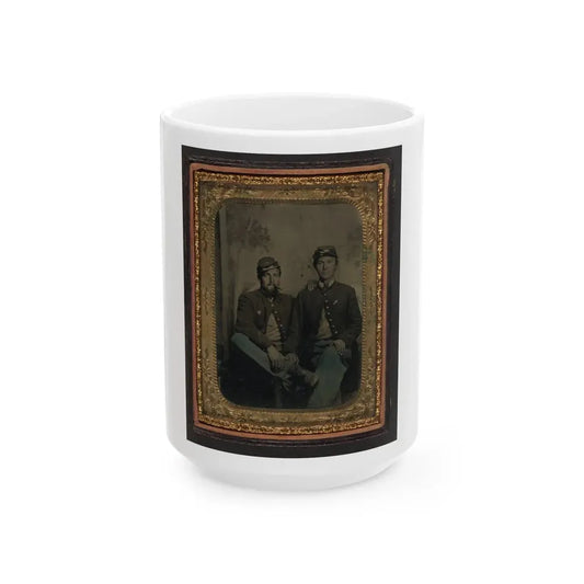 Two Unidentified Soldiers In Union Uniforms In Front Of Painted Backdrop Showing Trees (U.S. Civil War) White Coffee Mug 15oz - Go Mug Yourself