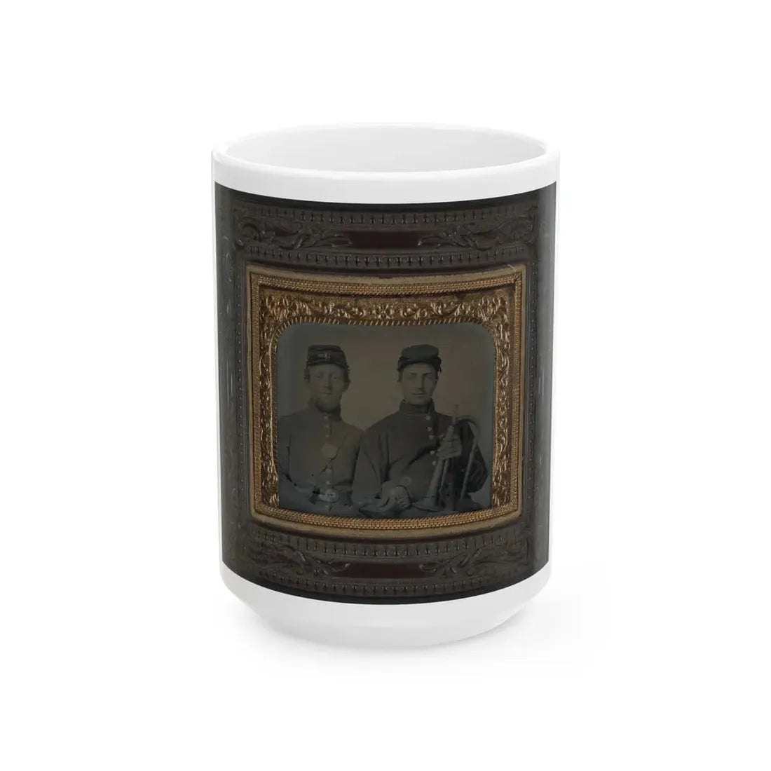 Two Unidentified Soldiers In Union Uniforms With Linked Arms; One Holding Bugle (U.S. Civil War) White Coffee Mug 15oz - Go Mug Yourself