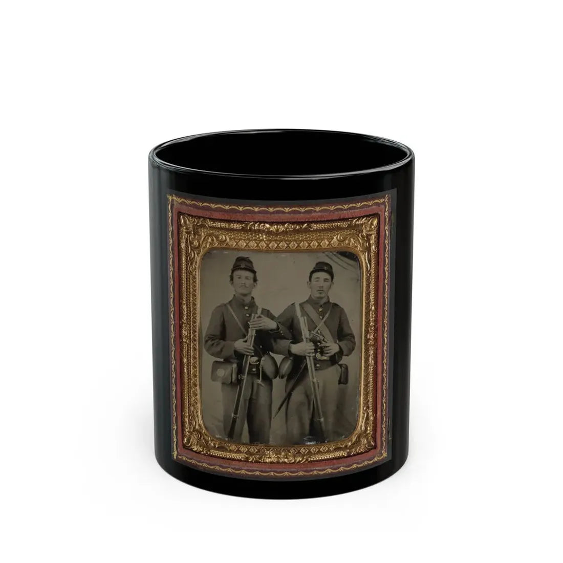 Two Unidentified Soldiers In Union Uniforms With Model 1809 Prussian Bayoneted Muskets And Model 1858 Cloth-Covered Canteens (1) (U.S. Civil War) Black Coffee Mug 11oz - Go Mug Yourself