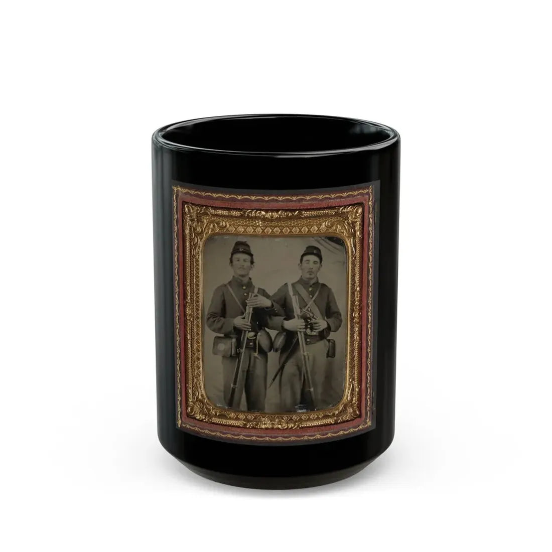 Two Unidentified Soldiers In Union Uniforms With Model 1809 Prussian Bayoneted Muskets And Model 1858 Cloth-Covered Canteens (1) (U.S. Civil War) Black Coffee Mug 15oz - Go Mug Yourself