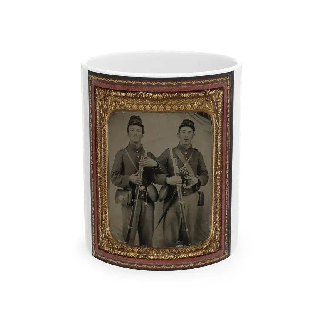 Two Unidentified Soldiers In Union Uniforms With Model 1809 Prussian Bayoneted Muskets And Model 1858 Cloth-Covered Canteens (1) (U.S. Civil War) White Coffee Mug 11oz - Go Mug Yourself