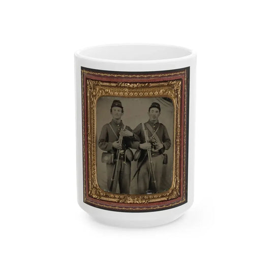 Two Unidentified Soldiers In Union Uniforms With Model 1809 Prussian Bayoneted Muskets And Model 1858 Cloth-Covered Canteens (1) (U.S. Civil War) White Coffee Mug 15oz - Go Mug Yourself