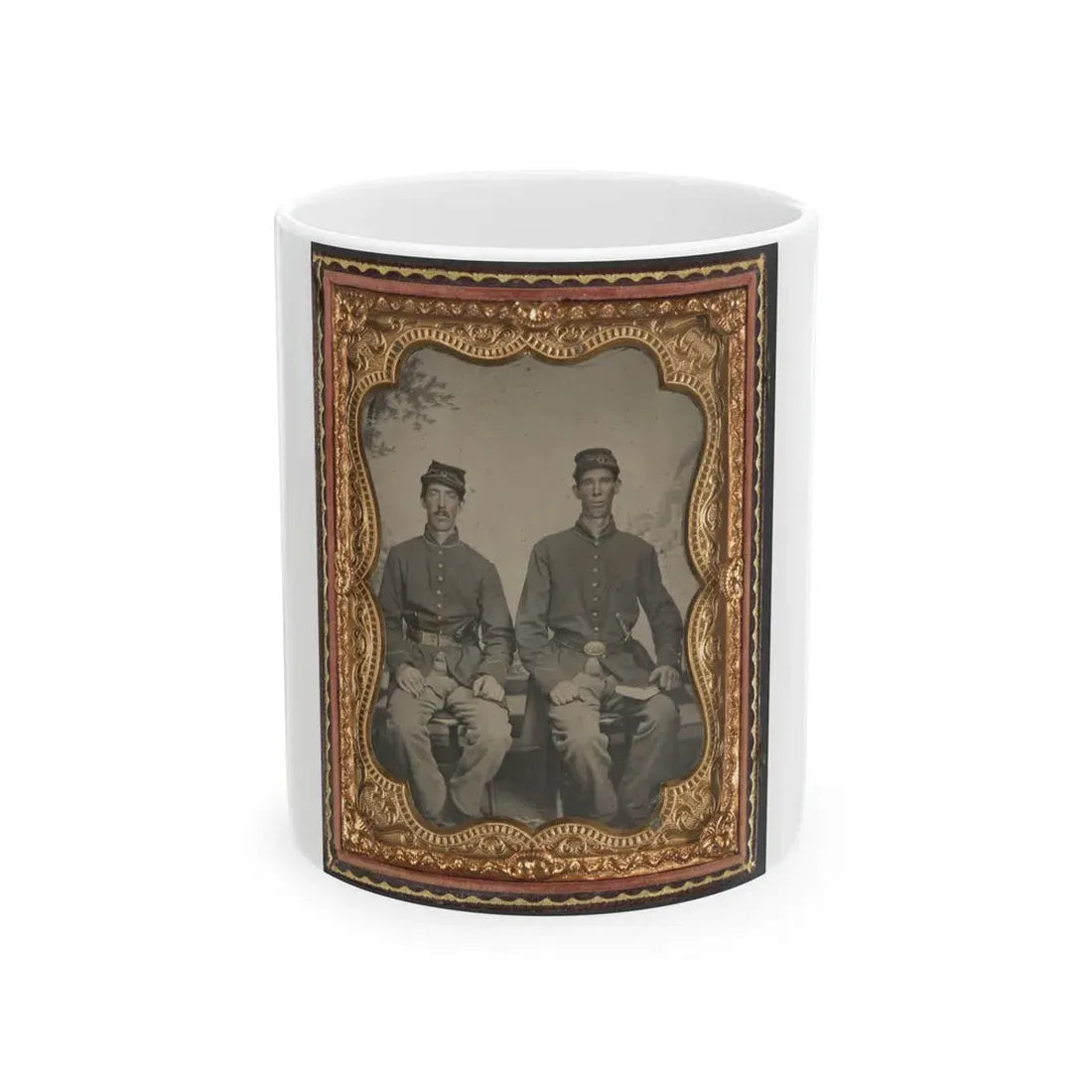 Two Unidentified Soldiers In Union Uniforms With Sword And Book In Front Of Painted Backdrop (U.S. Civil War) White Coffee Mug 11oz - Go Mug Yourself