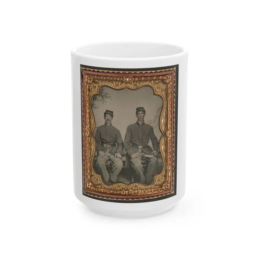 Two Unidentified Soldiers In Union Uniforms With Sword And Book In Front Of Painted Backdrop (U.S. Civil War) White Coffee Mug 15oz - Go Mug Yourself