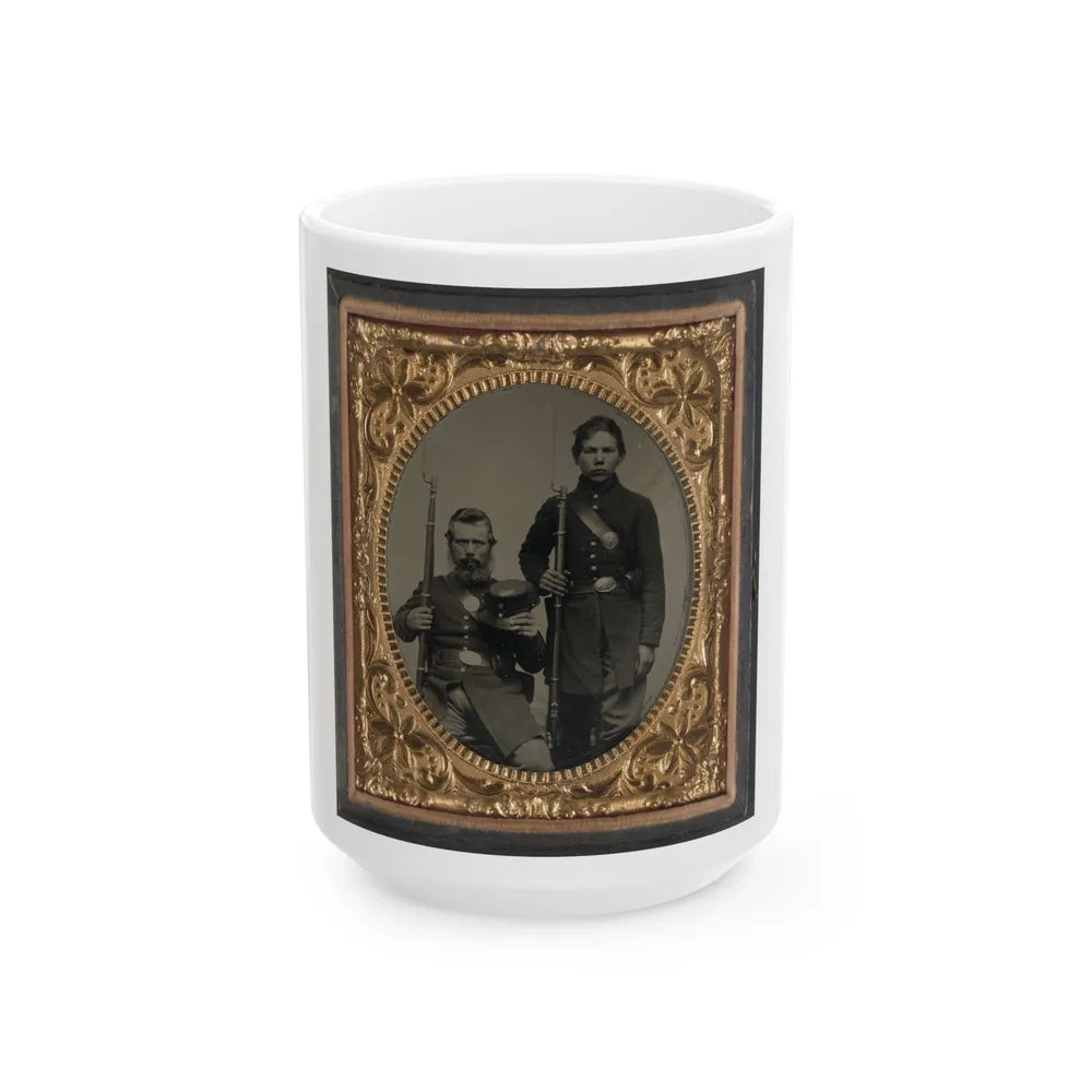 Two Unidentified Soldiers, Possibly Father And Son, In Union Uniforms And U.S. Belt Buckles With Bayoneted Muskets (U.S. Civil War) White Coffee Mug-15oz-Go Mug Yourself