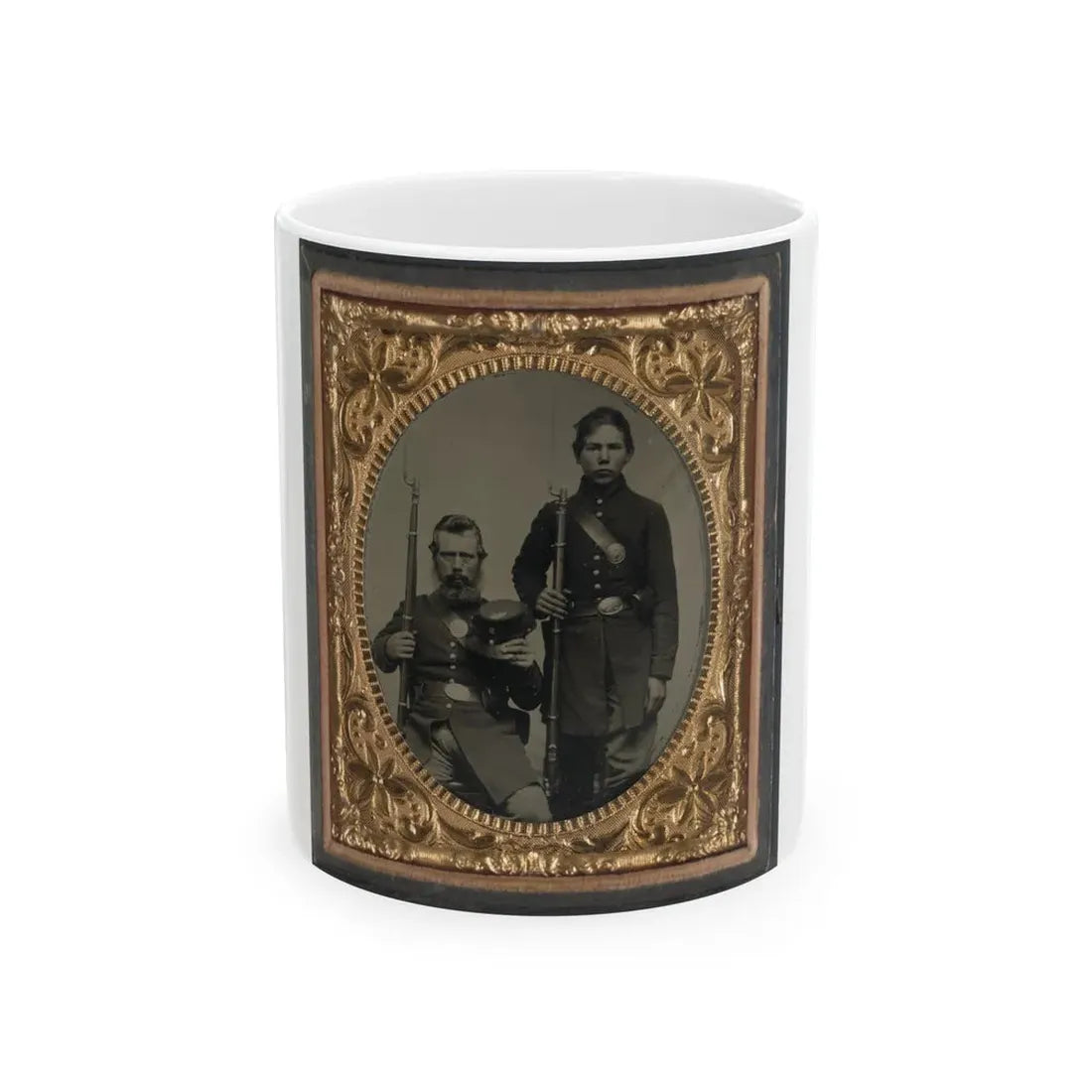 Two Unidentified Soldiers, Possibly Father And Son, In Union Uniforms And U.S. Belt Buckles With Bayoneted Muskets (U.S. Civil War) White Coffee Mug 11oz - Go Mug Yourself