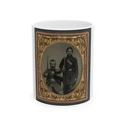 Two Unidentified Soldiers, Possibly Father And Son, In Union Uniforms And U.S. Belt Buckles With Bayoneted Muskets (U.S. Civil War) White Coffee Mug 11oz - Go Mug Yourself
