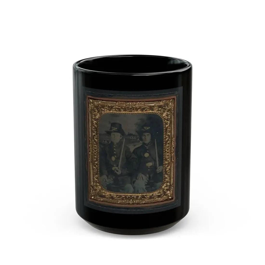 Two Unidentified Young Soldiers In Union Sack Coats And Hardee Hats With Bayonets (U.S. Civil War) Black Coffee Mug 15oz - Go Mug Yourself