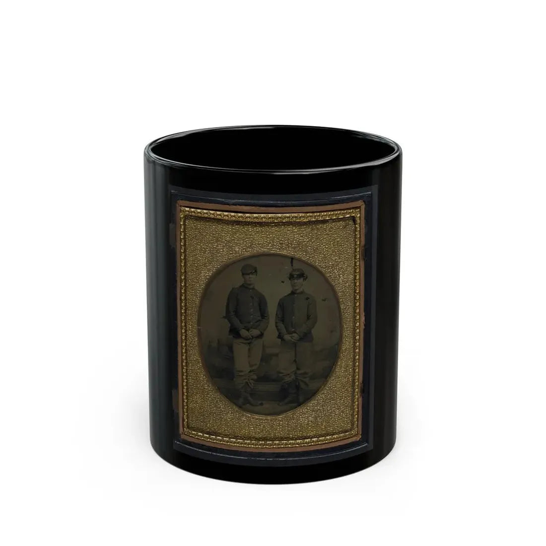 Two Unidentified Young Soldiers In Union Shell Jackets And Forage Caps In Front Of Painted Backdrop Showing Plantation (U.S. Civil War) Black Coffee Mug 11oz - Go Mug Yourself