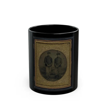 Two Unidentified Young Soldiers In Union Shell Jackets And Forage Caps In Front Of Painted Backdrop Showing Plantation (U.S. Civil War) Black Coffee Mug 11oz - Go Mug Yourself