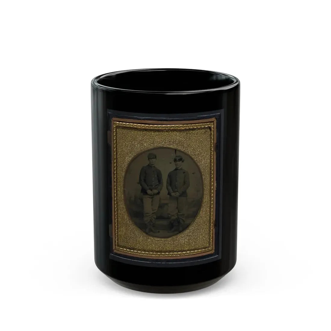 Two Unidentified Young Soldiers In Union Shell Jackets And Forage Caps In Front Of Painted Backdrop Showing Plantation (U.S. Civil War) Black Coffee Mug 15oz - Go Mug Yourself