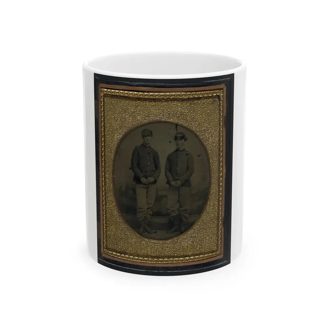Two Unidentified Young Soldiers In Union Shell Jackets And Forage Caps In Front Of Painted Backdrop Showing Plantation (U.S. Civil War) White Coffee Mug 11oz - Go Mug Yourself