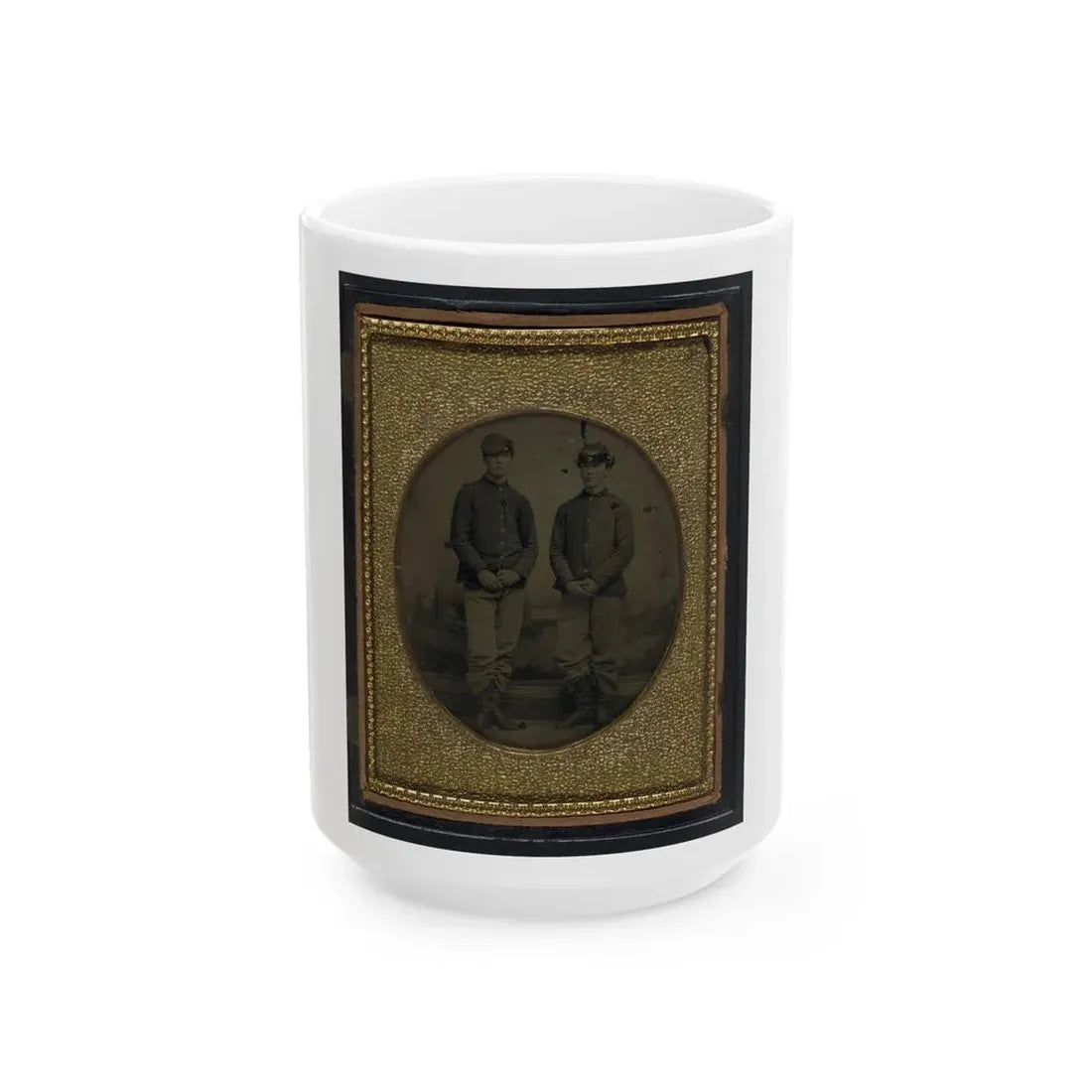 Two Unidentified Young Soldiers In Union Shell Jackets And Forage Caps In Front Of Painted Backdrop Showing Plantation (U.S. Civil War) White Coffee Mug 15oz - Go Mug Yourself