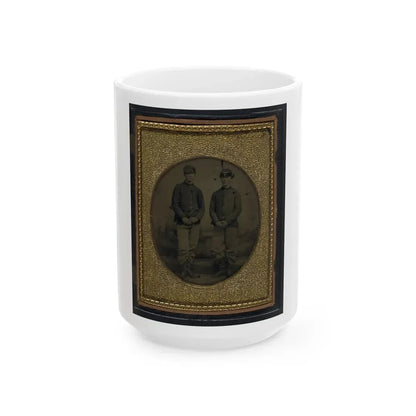 Two Unidentified Young Soldiers In Union Shell Jackets And Forage Caps In Front Of Painted Backdrop Showing Plantation (U.S. Civil War) White Coffee Mug 15oz - Go Mug Yourself