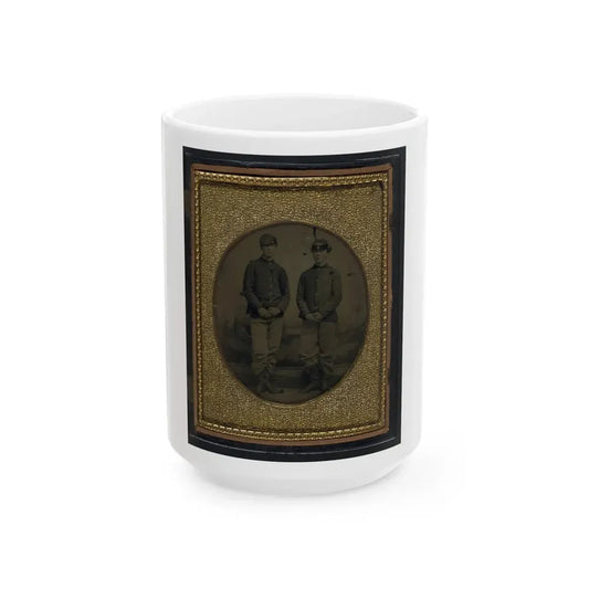 Two Unidentified Young Soldiers In Union Shell Jackets And Forage Caps In Front Of Painted Backdrop Showing Plantation (U.S. Civil War) White Coffee Mug 15oz - Go Mug Yourself