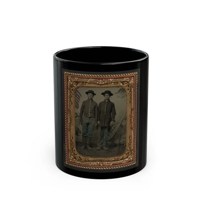 Two Unidentified Young Soldiers In Union Uniforms In Front Of Painted Backdrop Showing Military Camp (U.S. Civil War) Black Coffee Mug-11oz-Go Mug Yourself