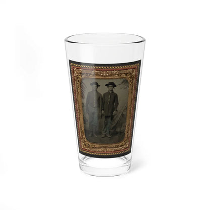 Two Unidentified Young Soldiers In Union Uniforms In Front Of Painted Backdrop Showing Military Camp (U.S. Civil War) Pint Glass 16oz-16oz-Go Mug Yourself