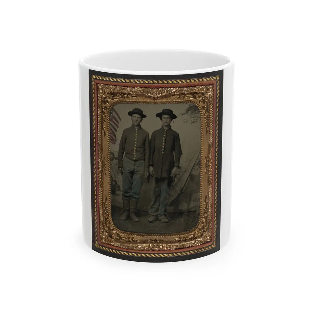 Two Unidentified Young Soldiers In Union Uniforms In Front Of Painted Backdrop Showing Military Camp (U.S. Civil War) White Coffee Mug-11oz-Go Mug Yourself