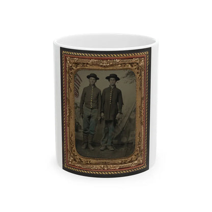 Two Unidentified Young Soldiers In Union Uniforms In Front Of Painted Backdrop Showing Military Camp (U.S. Civil War) White Coffee Mug-11oz-Go Mug Yourself