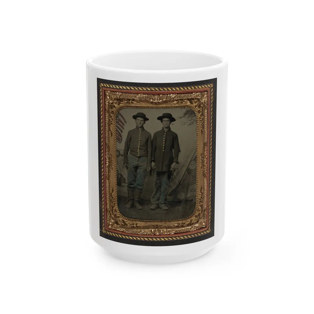 Two Unidentified Young Soldiers In Union Uniforms In Front Of Painted Backdrop Showing Military Camp (U.S. Civil War) White Coffee Mug-15oz-Go Mug Yourself