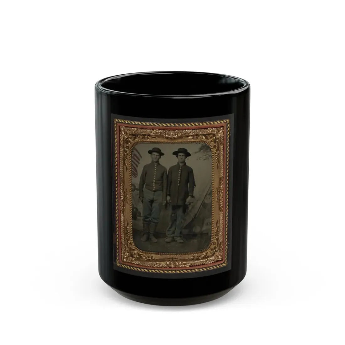 Two Unidentified Young Soldiers In Union Uniforms In Front Of Painted Backdrop Showing Military Camp (U.S. Civil War) Black Coffee Mug 15oz - Go Mug Yourself