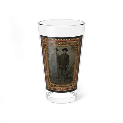 Two Unidentified Young Soldiers In Union Uniforms In Front Of Painted Backdrop Showing Military Camp (U.S. Civil War) Pint Glass 16oz 16oz - Go Mug Yourself